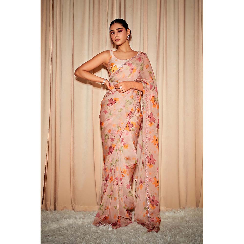 DOHR INDIA Aria Beige Floral Printed Organza Saree with Unstitched Blouse