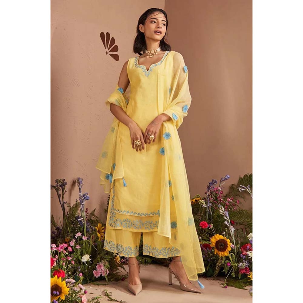 DOHR INDIA Dua Light Yellow Silk Chanderi Kurta with Palazzo and Dupatta (Set of 3)