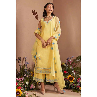 DOHR INDIA Dua Light Yellow Silk Chanderi Kurta with Palazzo and Dupatta (Set of 3)