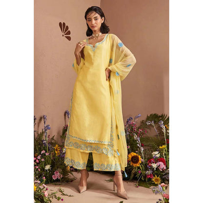 DOHR INDIA Dua Light Yellow Silk Chanderi Kurta with Palazzo and Dupatta (Set of 3)