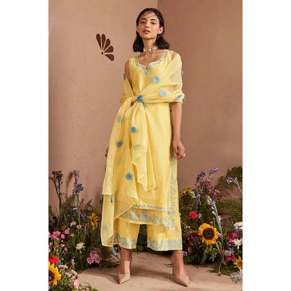 DOHR INDIA Dua Light Yellow Silk Chanderi Kurta with Palazzo and Dupatta (Set of 3)