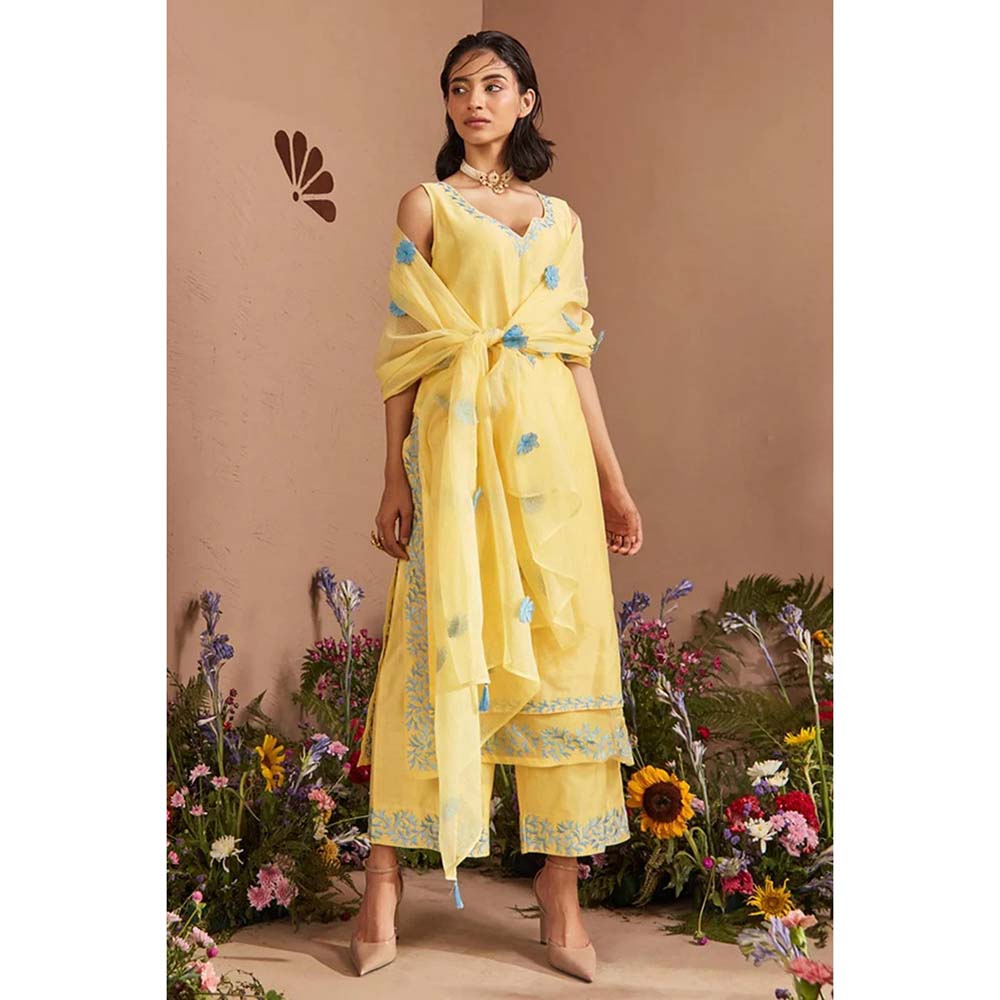DOHR INDIA Dua Light Yellow Silk Chanderi Kurta with Palazzo and Dupatta (Set of 3)