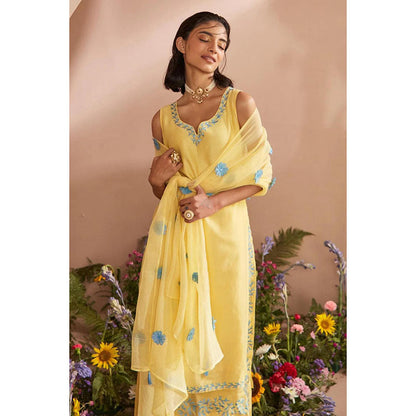 DOHR INDIA Dua Light Yellow Silk Chanderi Kurta with Palazzo and Dupatta (Set of 3)