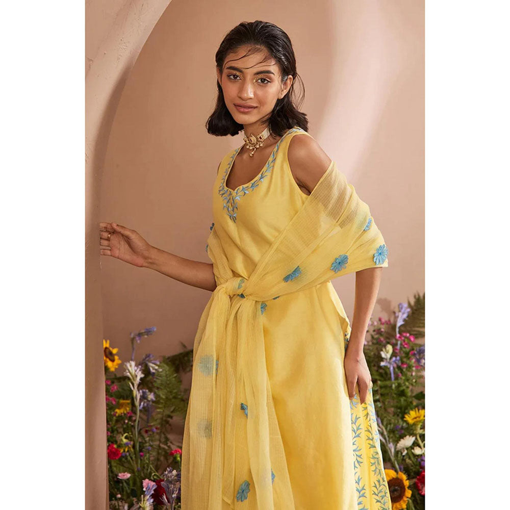 DOHR INDIA Dua Light Yellow Silk Chanderi Kurta with Palazzo and Dupatta (Set of 3)