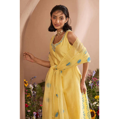 DOHR INDIA Dua Light Yellow Silk Chanderi Kurta with Palazzo and Dupatta (Set of 3)