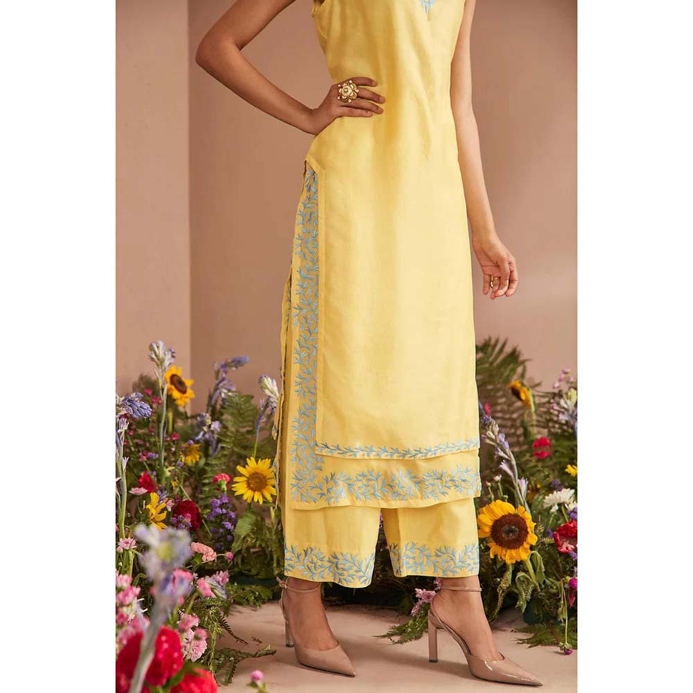 DOHR INDIA Dua Light Yellow Silk Chanderi Kurta with Palazzo and Dupatta (Set of 3)