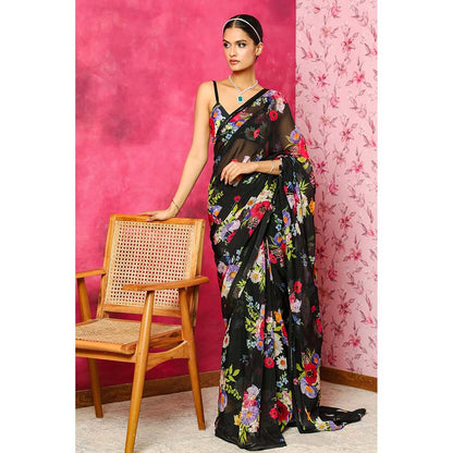 DOHR INDIA Areeba Black Floral Printed Organza Saree with Unstitched Blouse