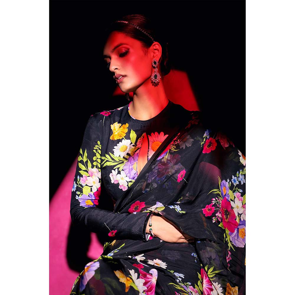 DOHR INDIA Areeba Black Floral Printed Organza Saree with Unstitched Blouse