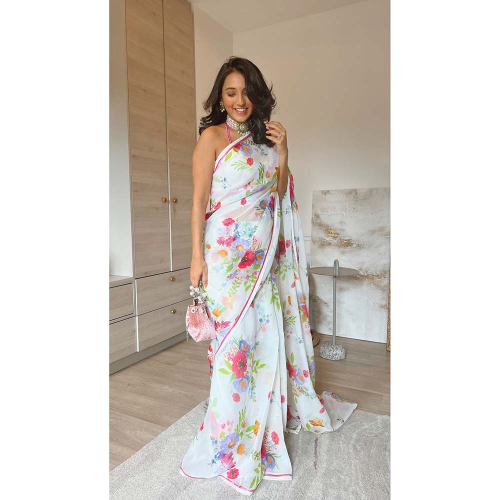 DOHR INDIA Arzoo White Floral Printed Organza Saree with Unstitched Blouse