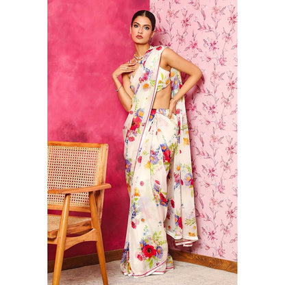 DOHR INDIA Arzoo White Floral Printed Organza Saree with Unstitched Blouse