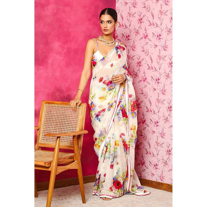 DOHR INDIA Arzoo White Floral Printed Organza Saree with Unstitched Blouse