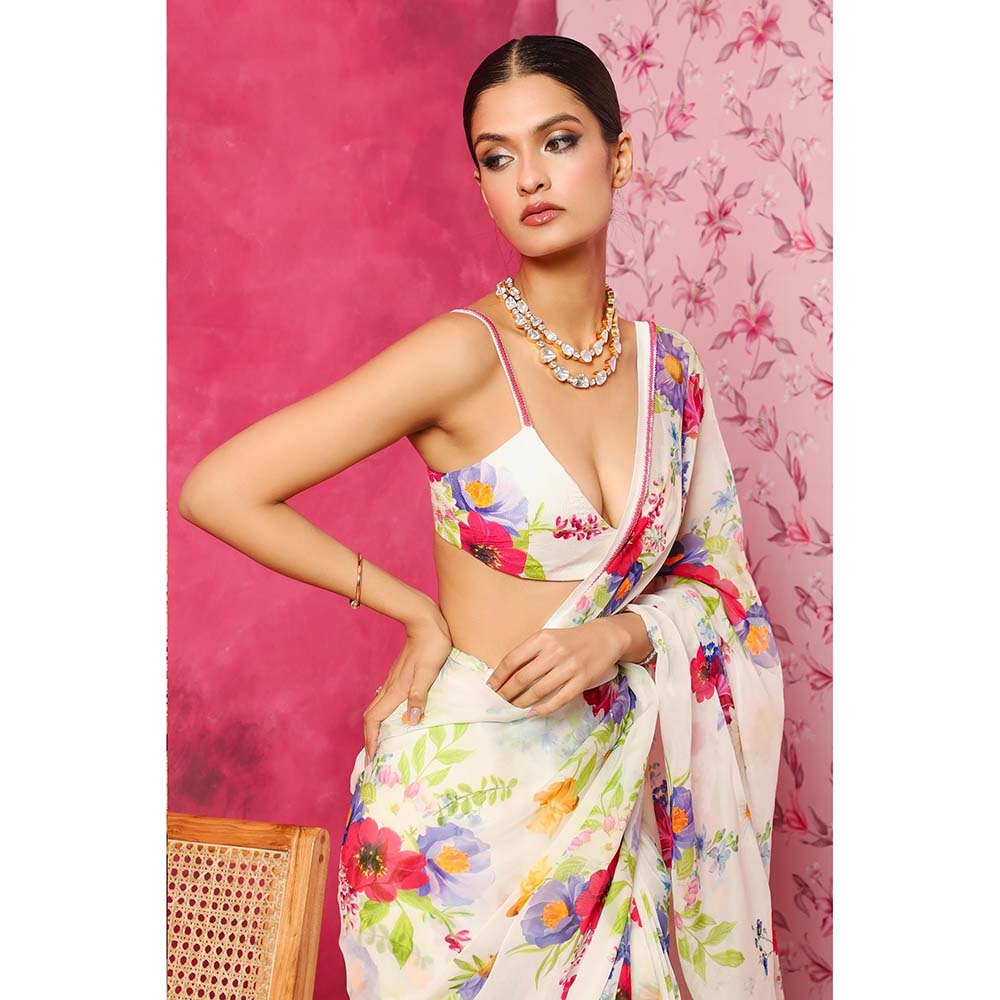 DOHR INDIA Arzoo White Floral Printed Organza Saree with Unstitched Blouse