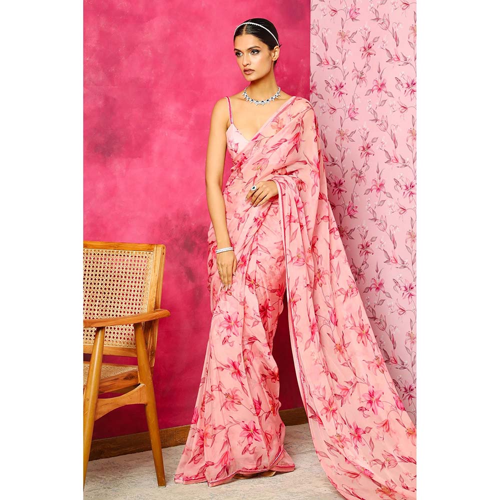 DOHR INDIA Aliya Pink Floral Printed Organza Saree with Unstitched Blouse