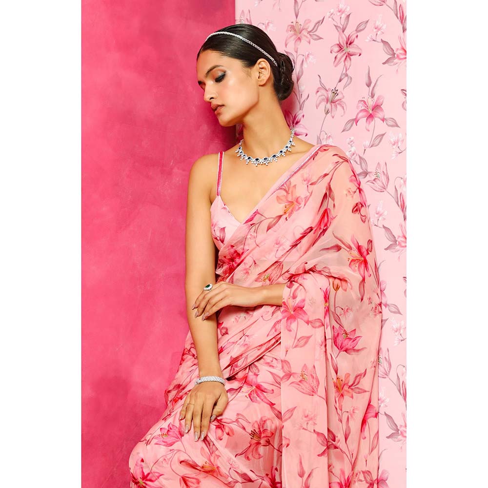 DOHR INDIA Aliya Pink Floral Printed Organza Saree with Unstitched Blouse