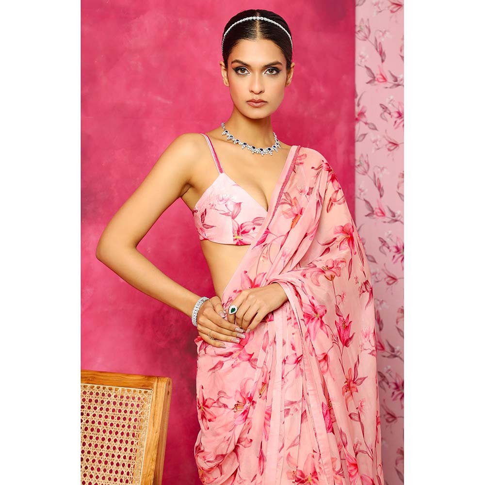 DOHR INDIA Aliya Pink Floral Printed Organza Saree with Unstitched Blouse