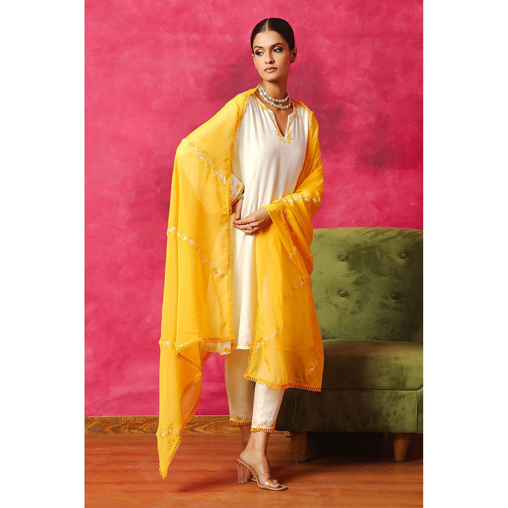 DOHR INDIA Nargis Off White Silk Chanderi A-Line Kurta with Pant and Dupatta (Set of 3)