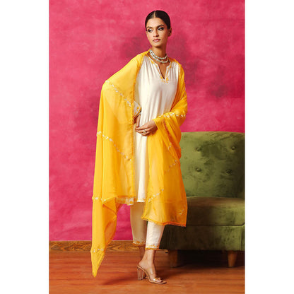 DOHR INDIA Nargis Off White Silk Chanderi A-Line Kurta with Pant and Dupatta (Set of 3)