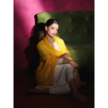 DOHR INDIA Nargis Off White Silk Chanderi A-Line Kurta with Pant and Dupatta (Set of 3)