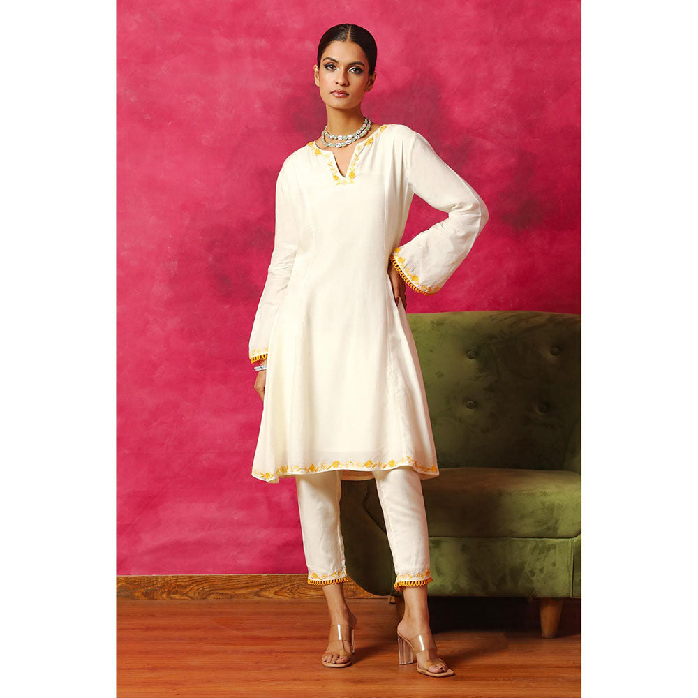DOHR INDIA Nargis Off White Silk Chanderi A-Line Kurta with Pant and Dupatta (Set of 3)