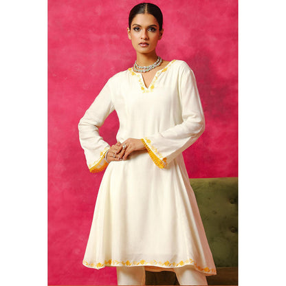 DOHR INDIA Nargis Off White Silk Chanderi A-Line Kurta with Pant and Dupatta (Set of 3)