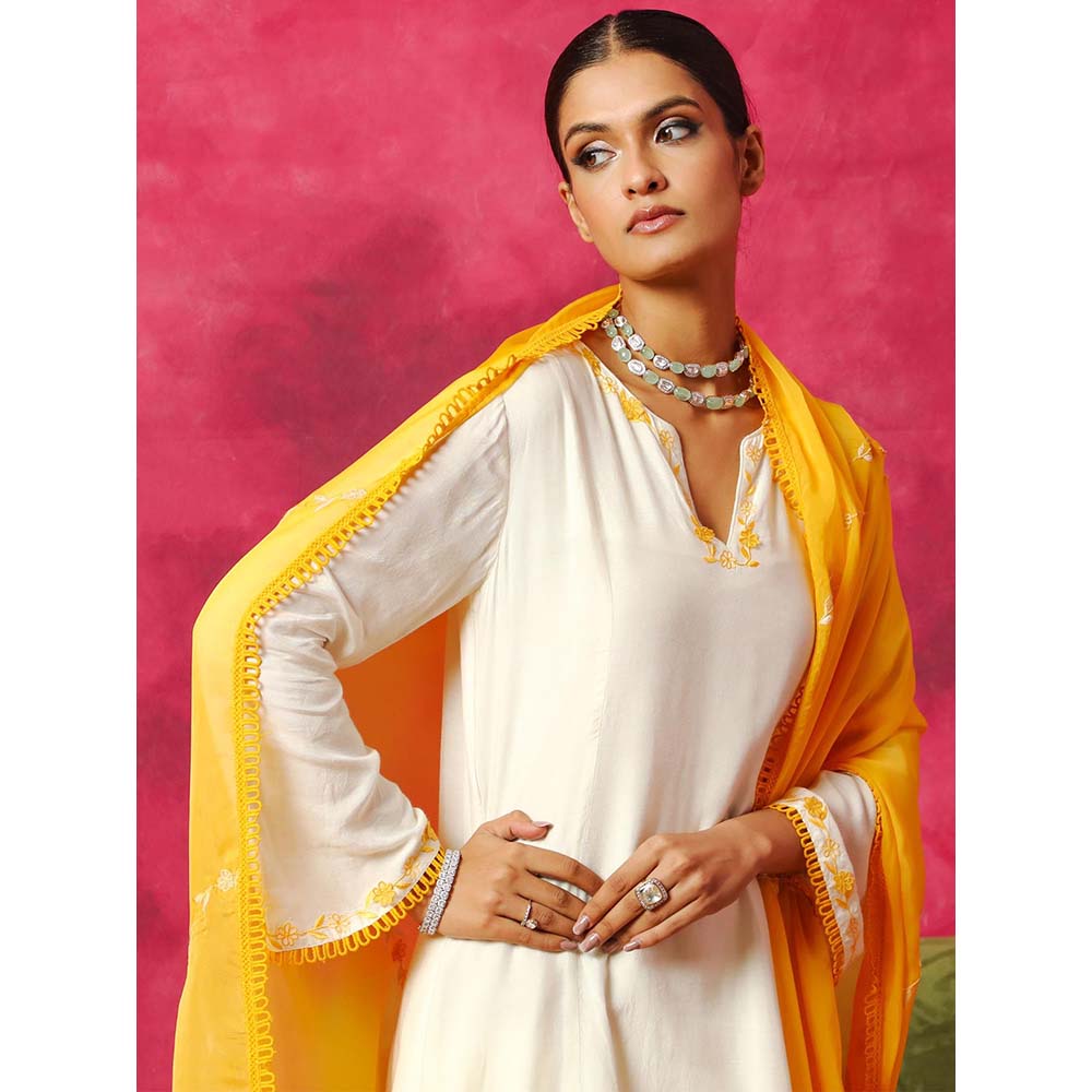 DOHR INDIA Nargis Off White Silk Chanderi A-Line Kurta with Pant and Dupatta (Set of 3)