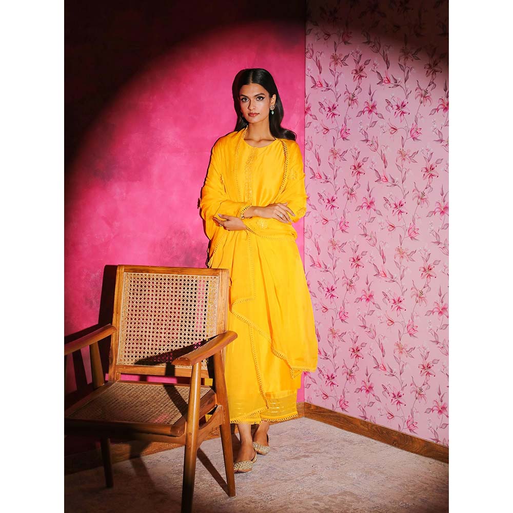 DOHR INDIA Seher Yellow Silk Chanderi Kurta with Palazzo and Dupatta (Set of 3)