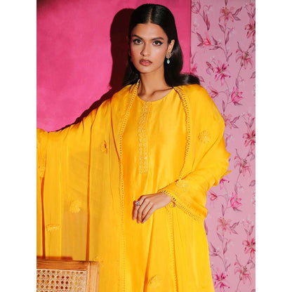 DOHR INDIA Seher Yellow Silk Chanderi Kurta with Palazzo and Dupatta (Set of 3)