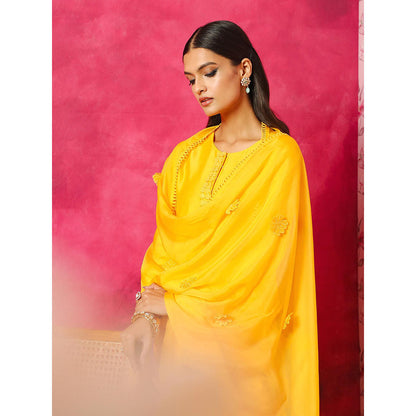 DOHR INDIA Seher Yellow Silk Chanderi Kurta with Palazzo and Dupatta (Set of 3)