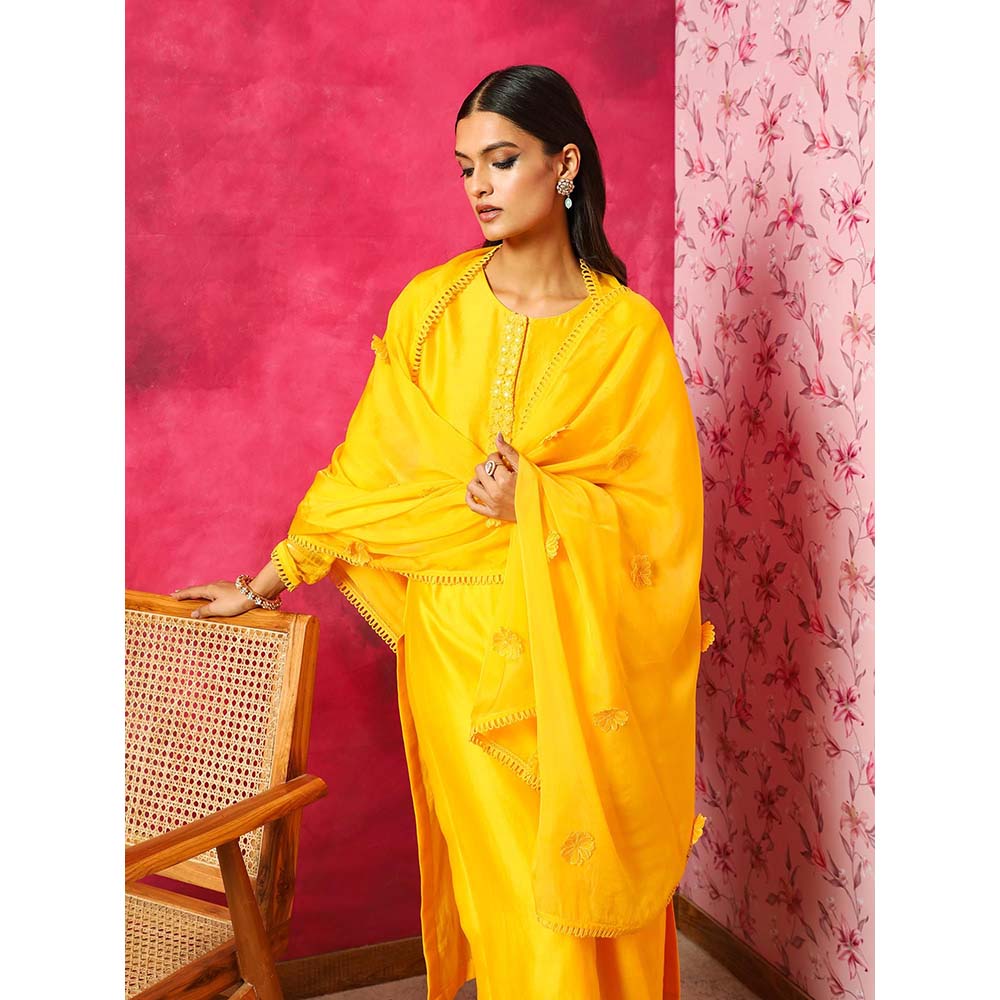 DOHR INDIA Seher Yellow Silk Chanderi Kurta with Palazzo and Dupatta (Set of 3)