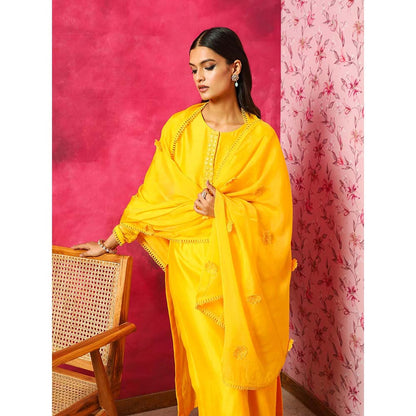 DOHR INDIA Seher Yellow Silk Chanderi Kurta with Palazzo and Dupatta (Set of 3)