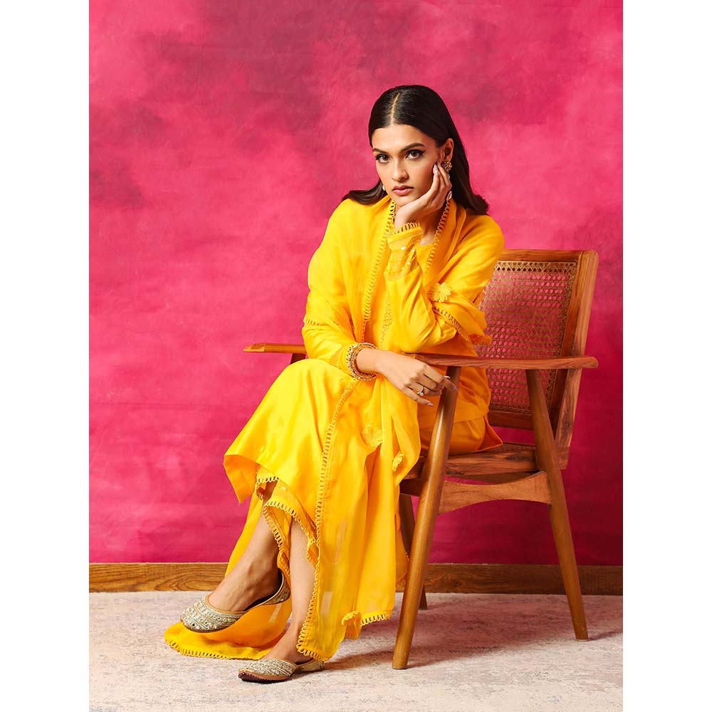 DOHR INDIA Seher Yellow Silk Chanderi Kurta with Palazzo and Dupatta (Set of 3)