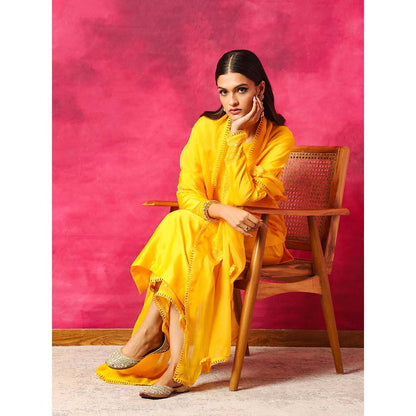 DOHR INDIA Seher Yellow Silk Chanderi Kurta with Palazzo and Dupatta (Set of 3)