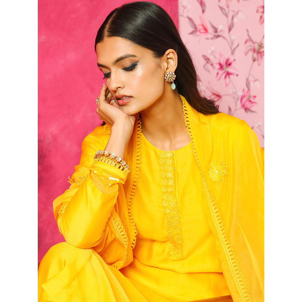 DOHR INDIA Seher Yellow Silk Chanderi Kurta with Palazzo and Dupatta (Set of 3)