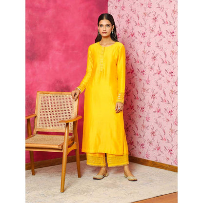 DOHR INDIA Seher Yellow Silk Chanderi Kurta with Palazzo and Dupatta (Set of 3)