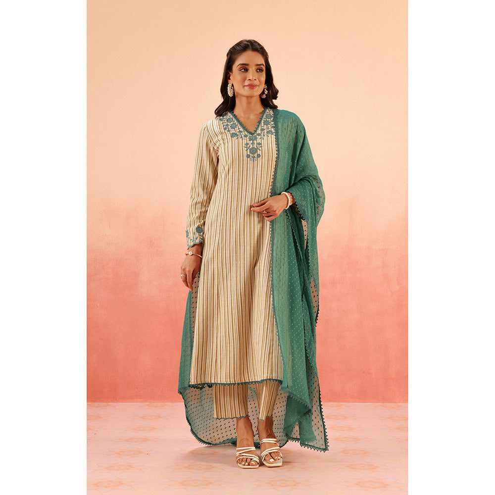 DOHR INDIA Saanjh Mustard Cotton Yarn Dyed Kurta with Pant and Dupatta (Set of 3)