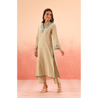 DOHR INDIA Saanjh Mustard Cotton Yarn Dyed Kurta with Pant and Dupatta (Set of 3)