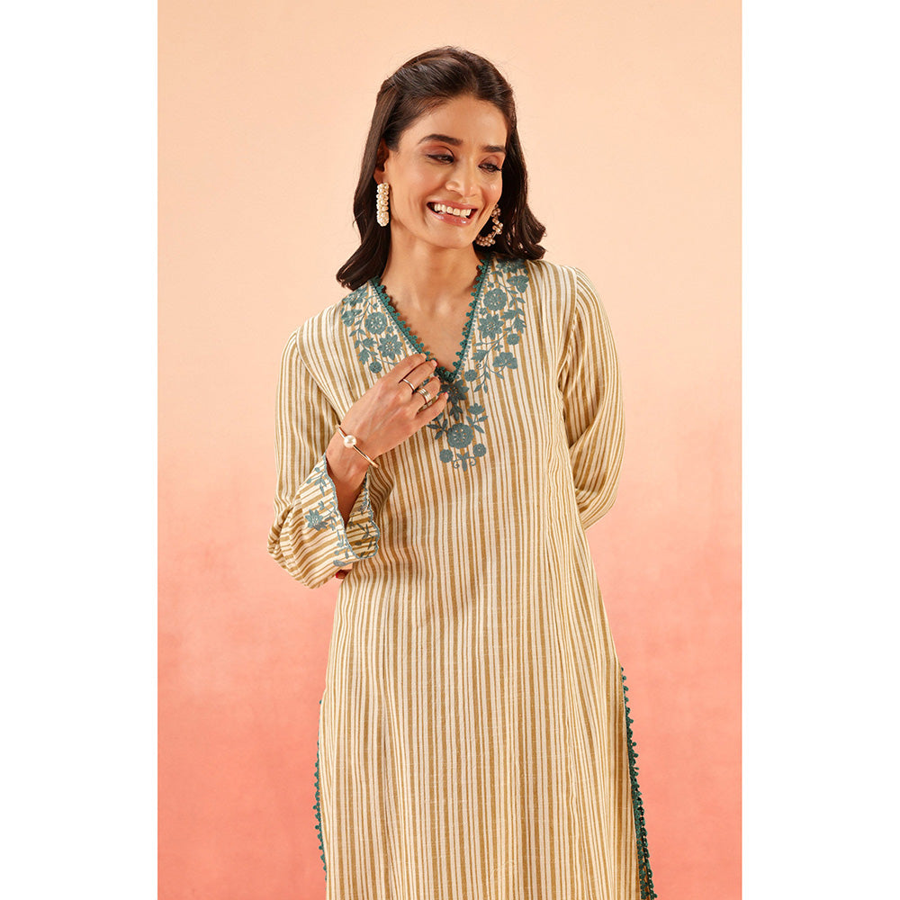 DOHR INDIA Saanjh Mustard Cotton Yarn Dyed Kurta with Pant and Dupatta (Set of 3)