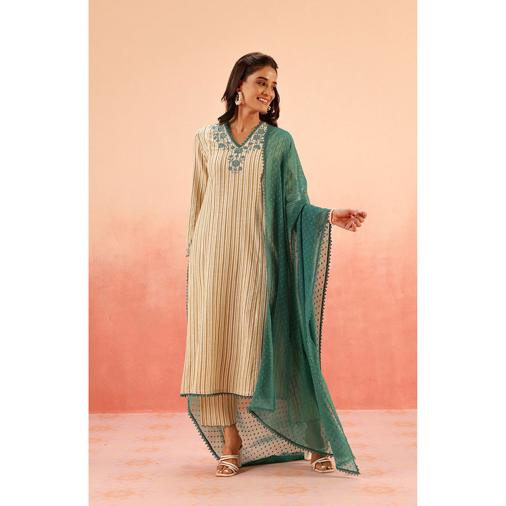 DOHR INDIA Saanjh Mustard Cotton Yarn Dyed Kurta with Pant and Dupatta (Set of 3)