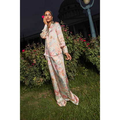 DOHR INDIA Iris Green Floral Printed Satin Coord Set