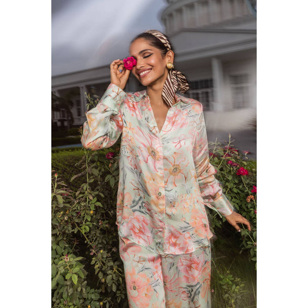 DOHR INDIA Iris Green Floral Printed Satin Coord Set