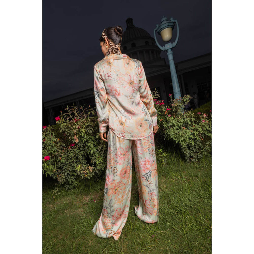 DOHR INDIA Iris Green Floral Printed Satin Coord Set