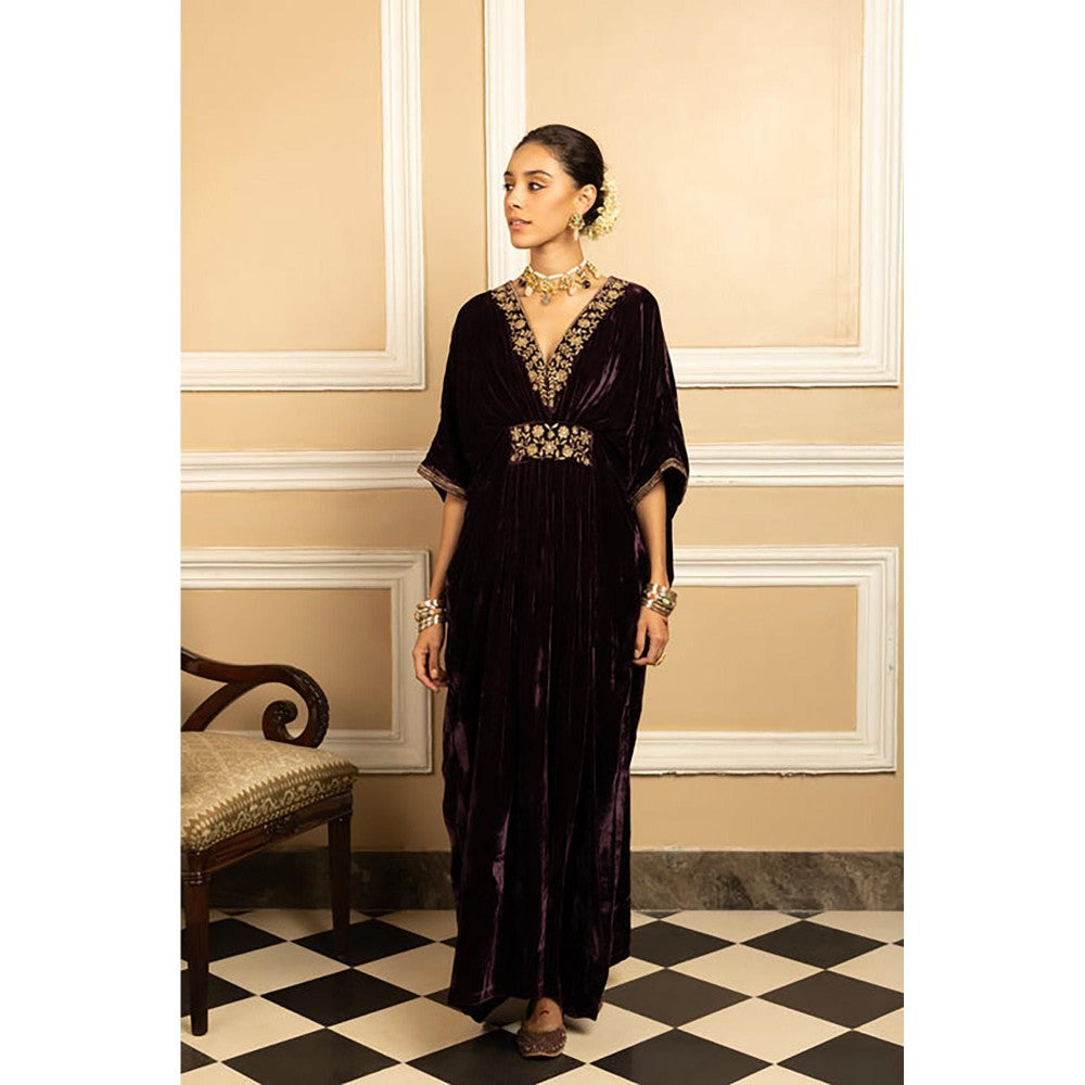 DOHR INDIA Gulzar Purple Handcrafted Silk Velvet Kaftan Dress