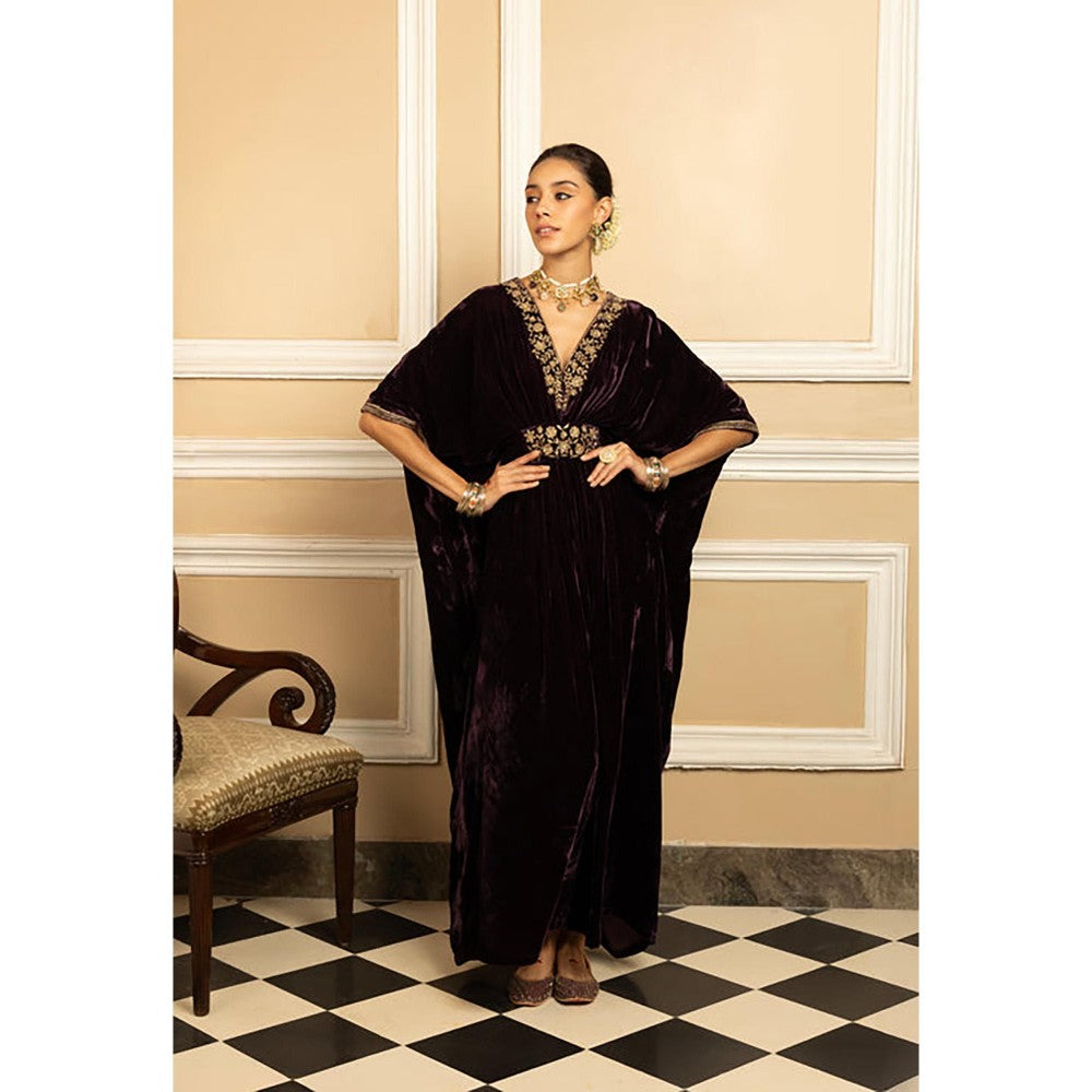 DOHR INDIA Gulzar Purple Handcrafted Silk Velvet Kaftan Dress