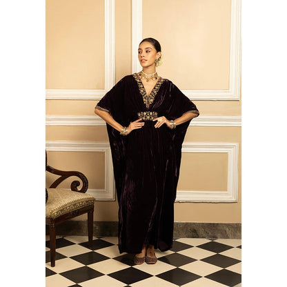 DOHR INDIA Gulzar Purple Handcrafted Silk Velvet Kaftan Dress