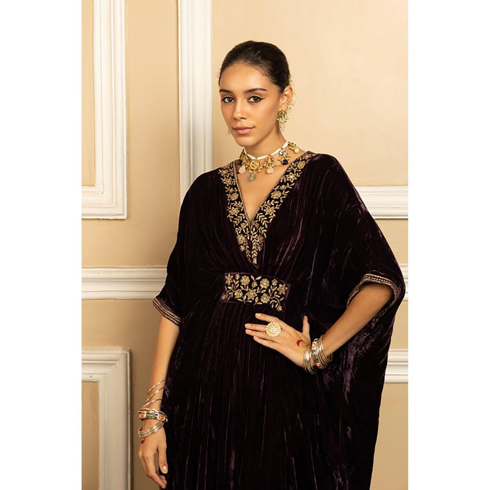 DOHR INDIA Gulzar Purple Handcrafted Silk Velvet Kaftan Dress