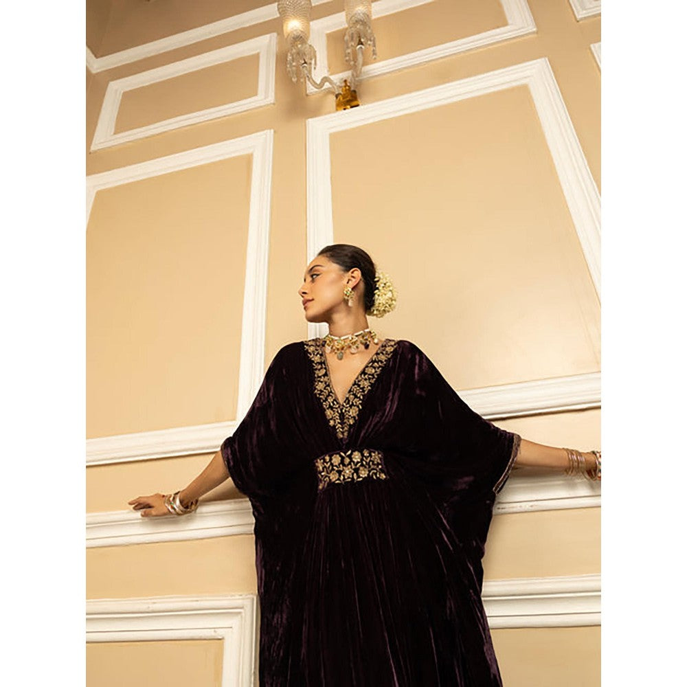 DOHR INDIA Gulzar Purple Handcrafted Silk Velvet Kaftan Dress