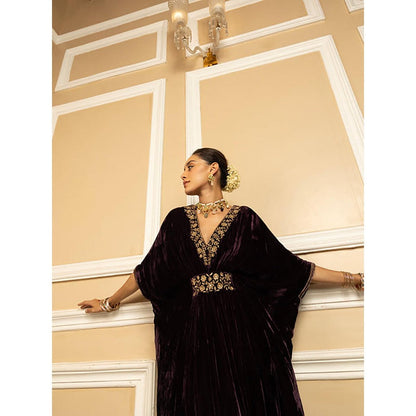 DOHR INDIA Gulzar Purple Handcrafted Silk Velvet Kaftan Dress