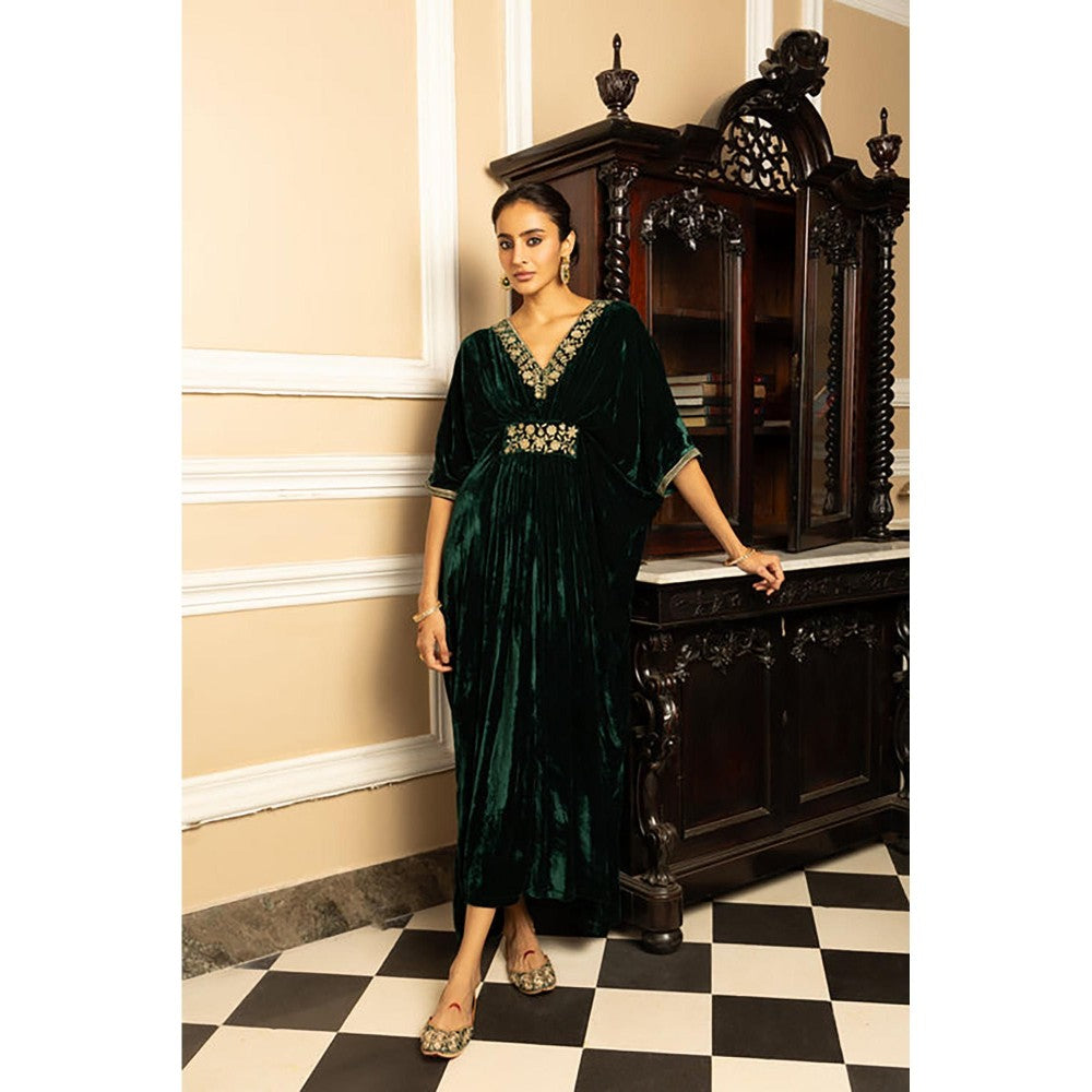 DOHR INDIA Gulzar Green Silk Velvet Handcrafted Kaftan Dress