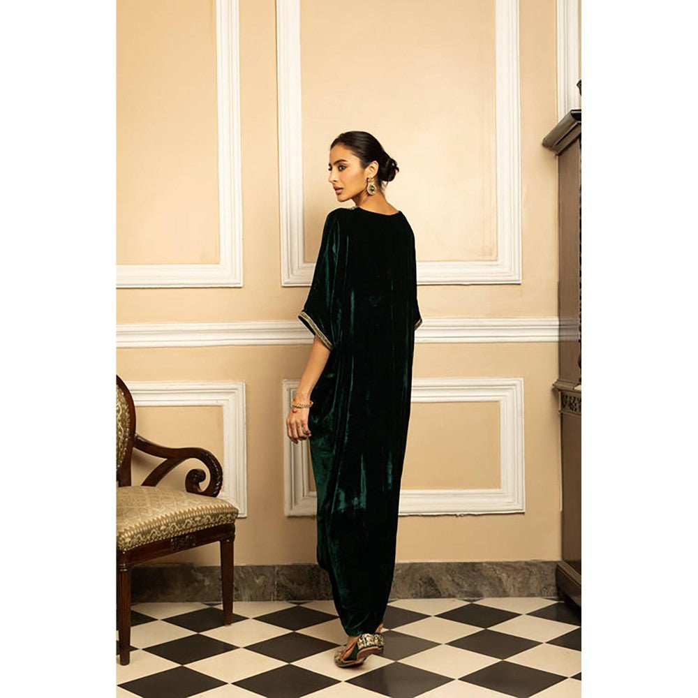 DOHR INDIA Gulzar Green Silk Velvet Handcrafted Kaftan Dress