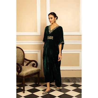 DOHR INDIA Gulzar Green Silk Velvet Handcrafted Kaftan Dress
